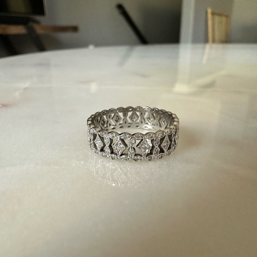 Intricate Lizzie Scheck White Gold and Diamond Lace Ring with Openwork Design